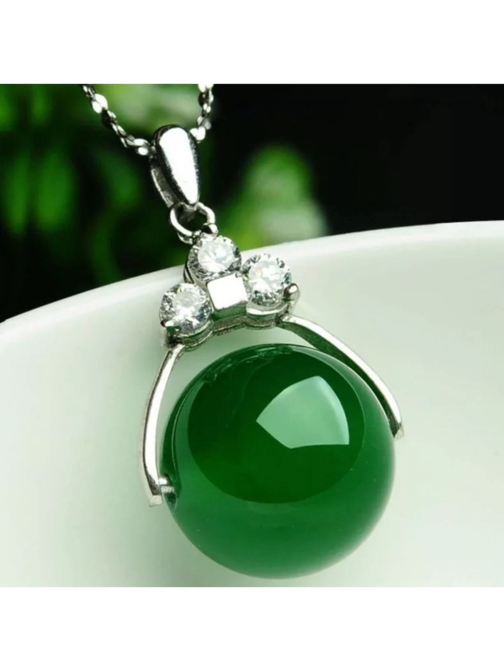 925 Sterling Silver Jade Green Agate Diamond Necklace 18”